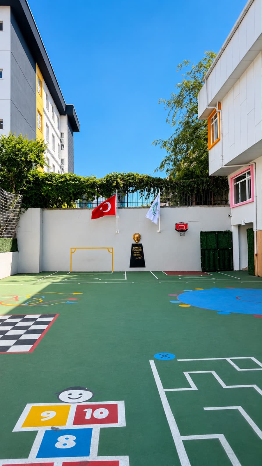 Oyun bahçesi — sek-sek, basket potası, Türk bayrağı ve Atatürk köşesi