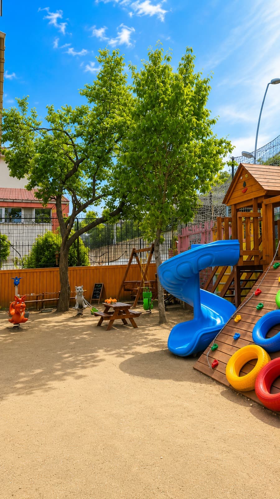Büyük çınar ağacı altında açık hava oyun parkı